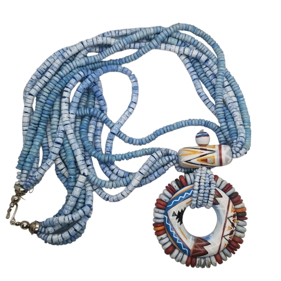 VINTAGE NATIVE AMERICAN DESIGN WOOD BEAD STATEMENT NECKLACE - Picture 3 of 6